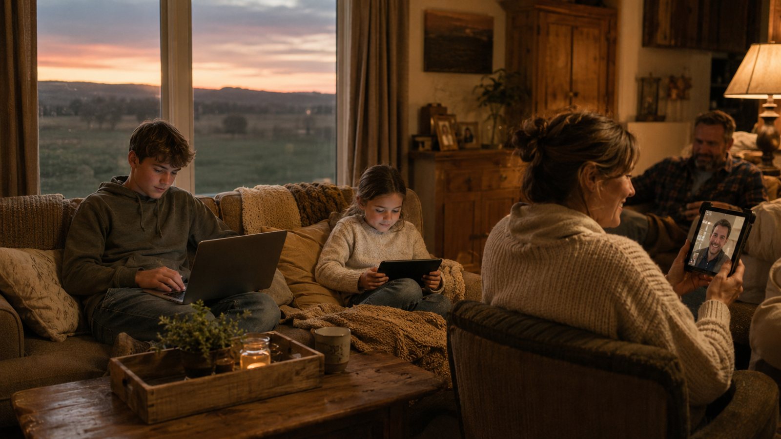 A family at home in the evening streaming, gaming, and working online over fiber internet