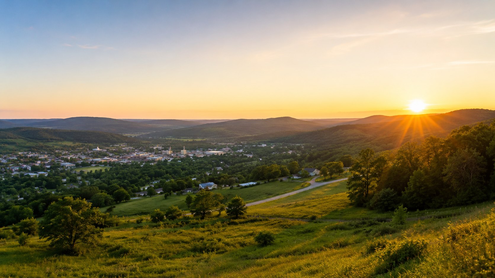 Southeast Oklahoma at sunrise, a small town in the valley