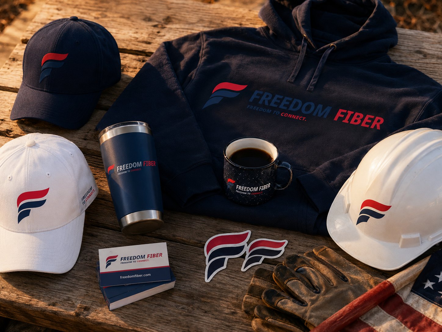 Freedom Fiber branded caps, apparel and gear supporting the local community