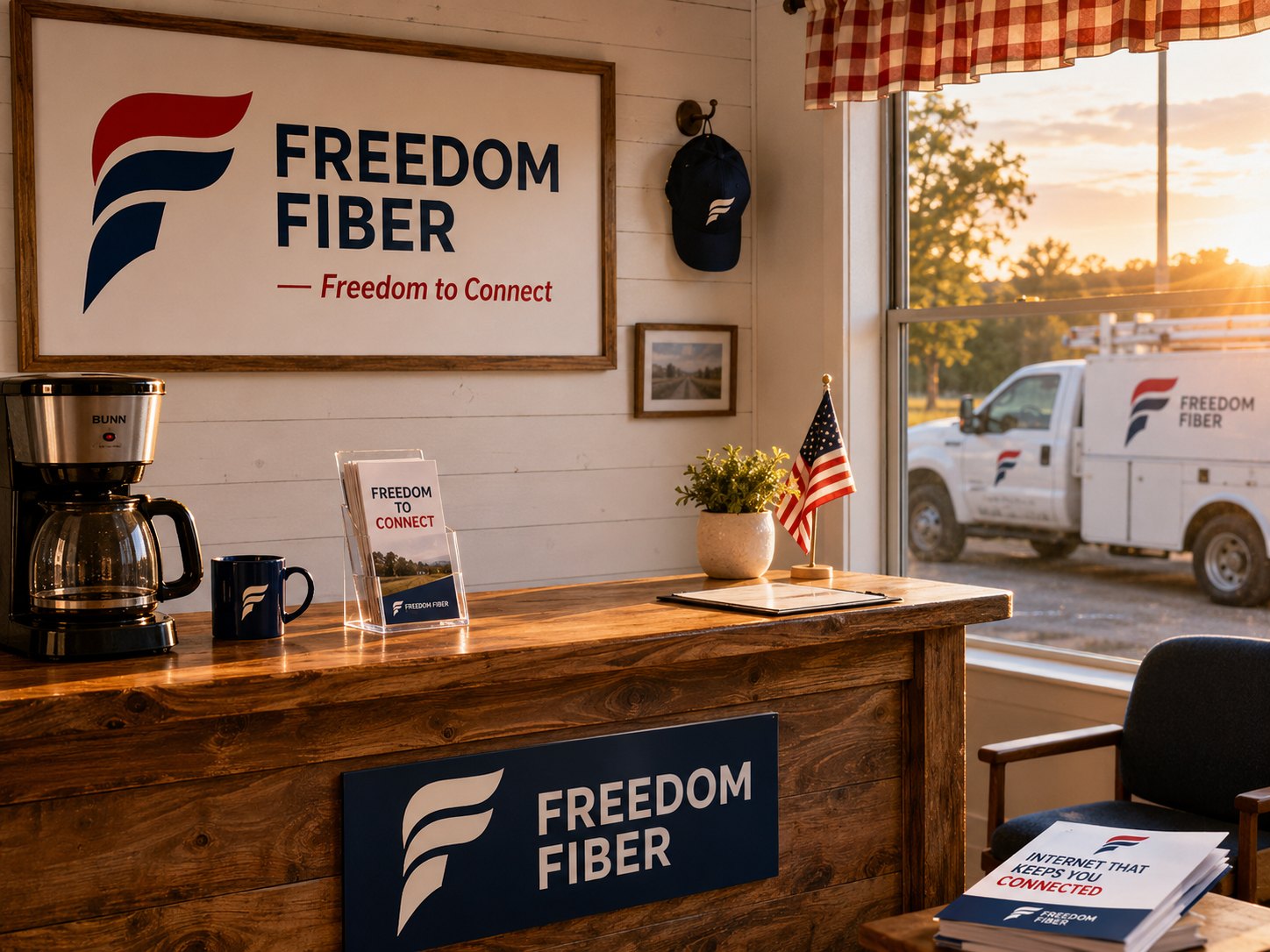 Inside the Freedom Fiber office at golden hour, front counter with the coffee on