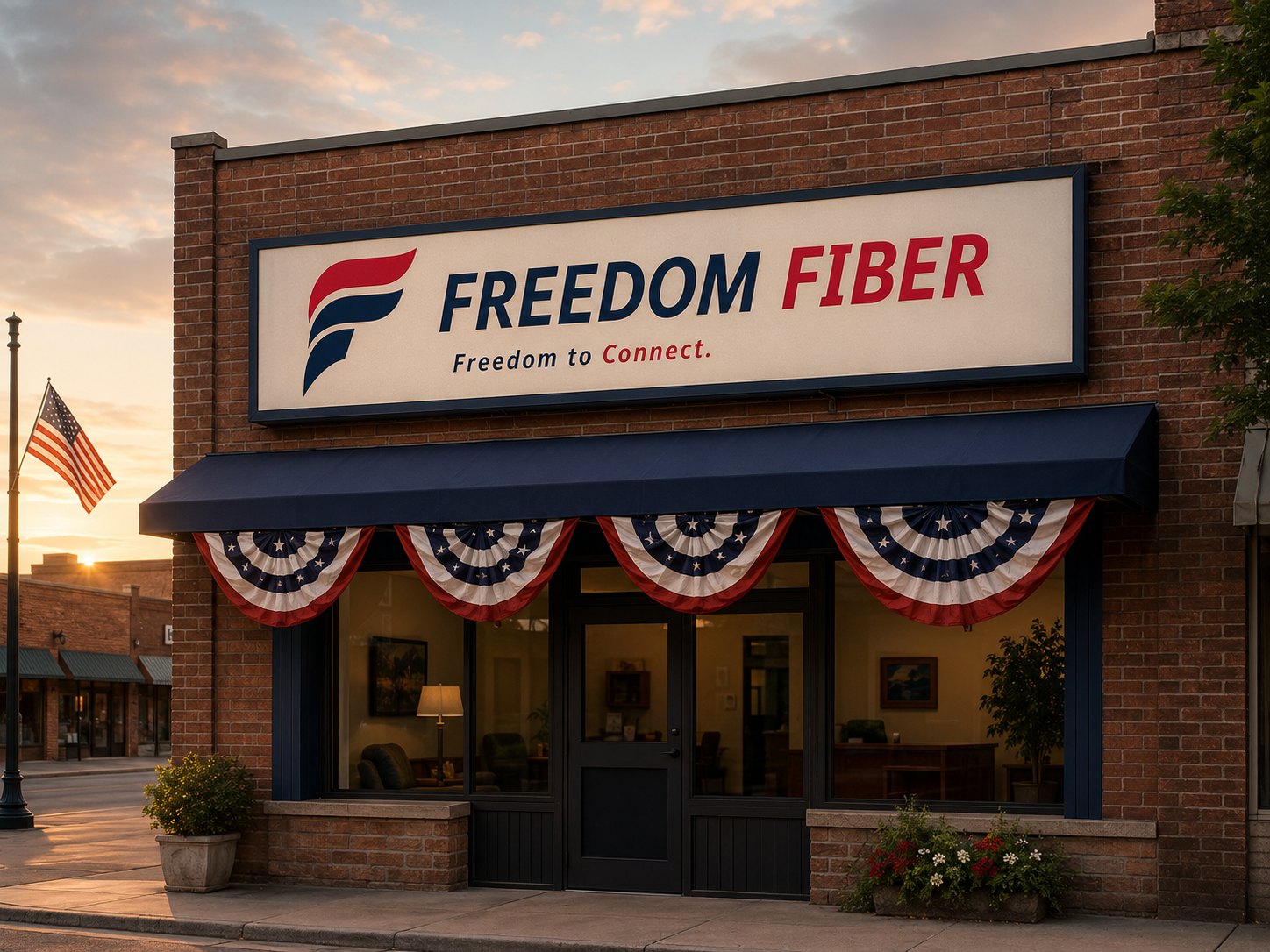 The Freedom Fiber storefront with flag bunting in downtown, southeast Oklahoma