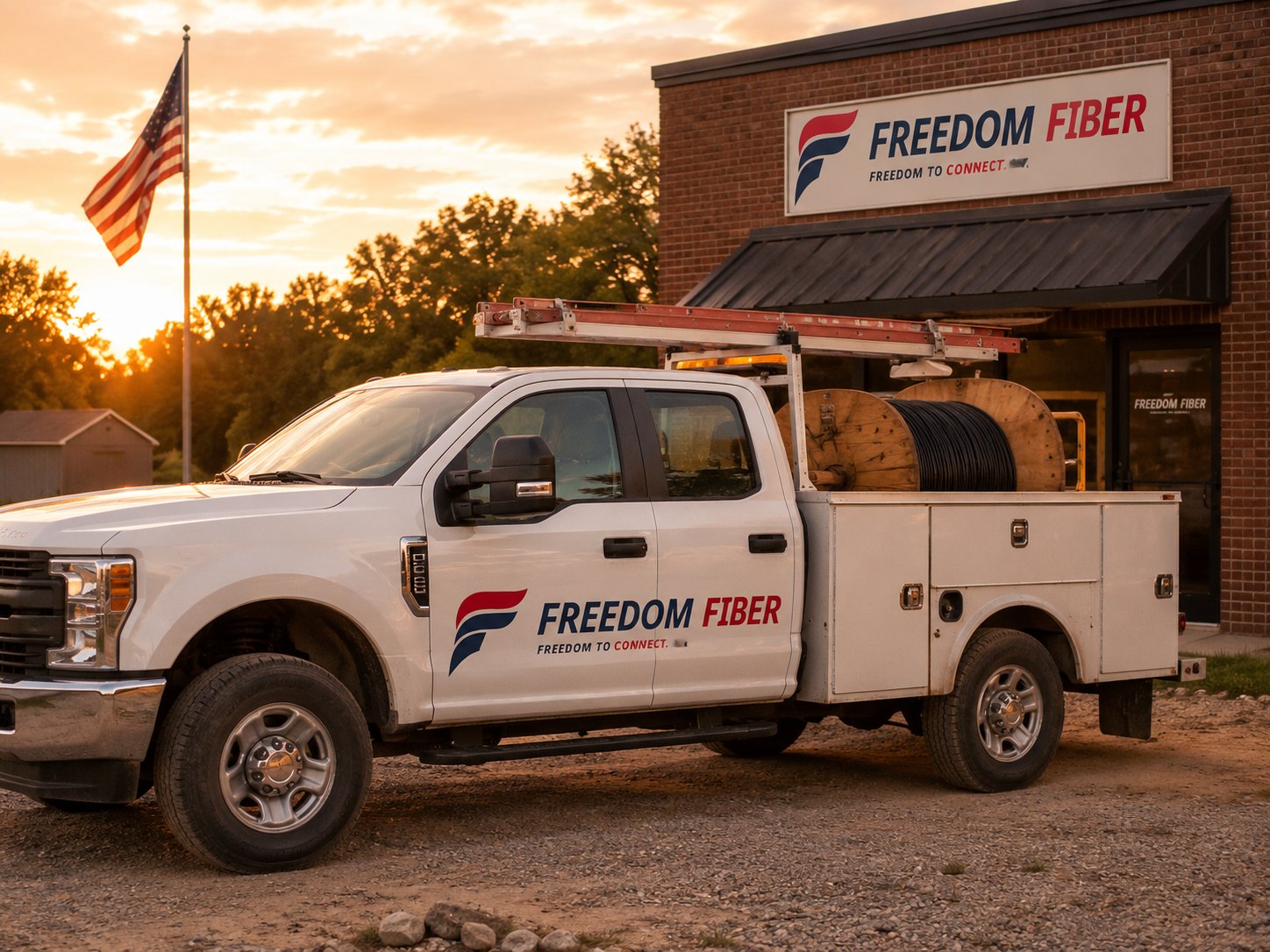 A Freedom Fiber service truck outside the local office at golden hour
