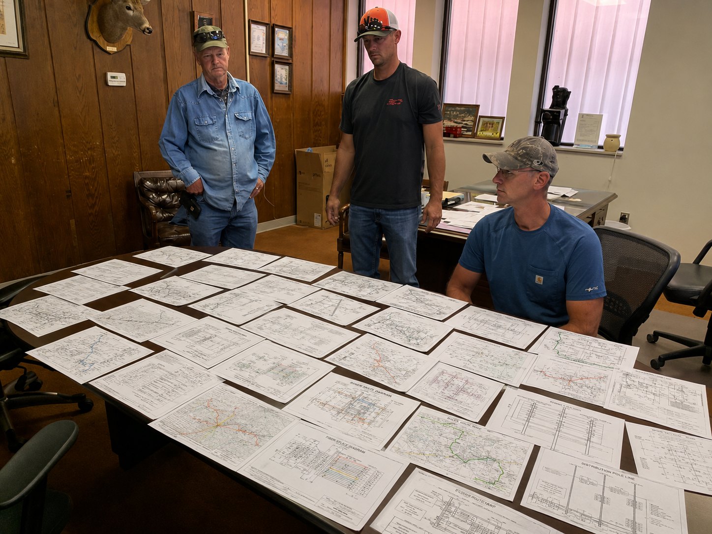 The Freedom Fiber owners and son reviewing fiber network plans at the office